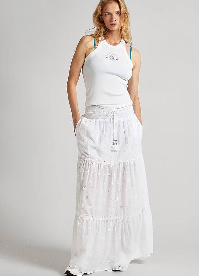 Imagen - Maxifalda en tejido de algodón bordado blanco