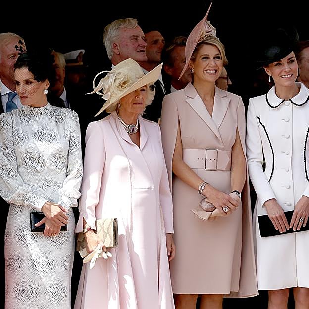 Máxima de Holanda, la reina Letizia y la reina Camila en el acto de investidura de la Orden de la Jarretera,