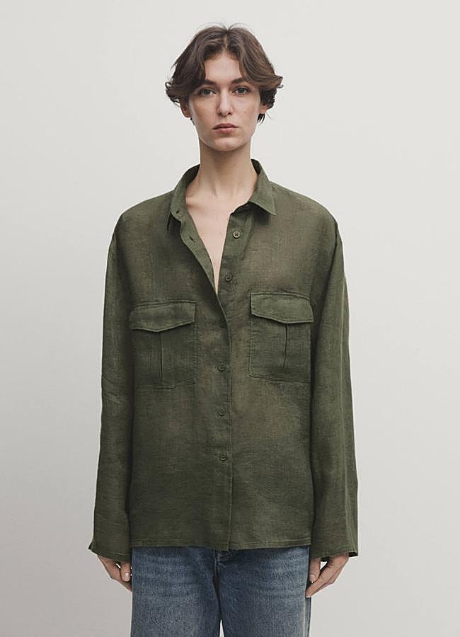 Imagen - Camisa de lino khaki con bolsillos