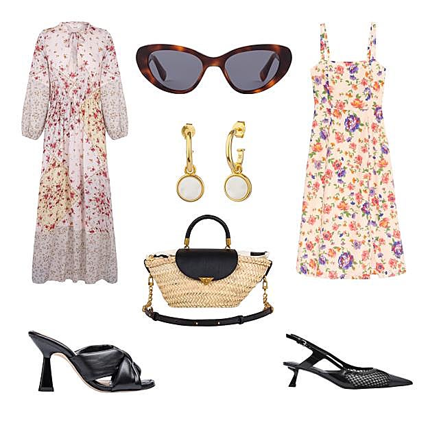 Vestido margo tipo patchwork, de SLOW LOVE (39, 99 €). Gafas de sol silueta cat-eye de JIMMY FAIRLY (135 €). Vestido de tirantes, de SÉZANE (165 €). Zapato de rejilla, de COSS (150 €). Mule en piel, de UNISA (79, 90 €). Bolso de rafia y piel, de MAUSKA (235 €). Pendientes en plata de Ley con madreperla, de RADIANT (39, 90 €). 