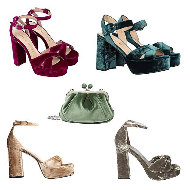 Sandalias con plataforma burdeos, de PEDRO MIRALLES (169 €). Sandalias con tacón alto y cuadrado, de MASCARÓ (209, 30 €). Sandalia con nudo en el empeine, de MINT & RoSE (199 €). Sandalia en terciopelo con pulsera al tobillo, de UNISA (29, 90 €). Bolso Pasticcino con cierre de boquilla, de MAX MARA (219 €). 
