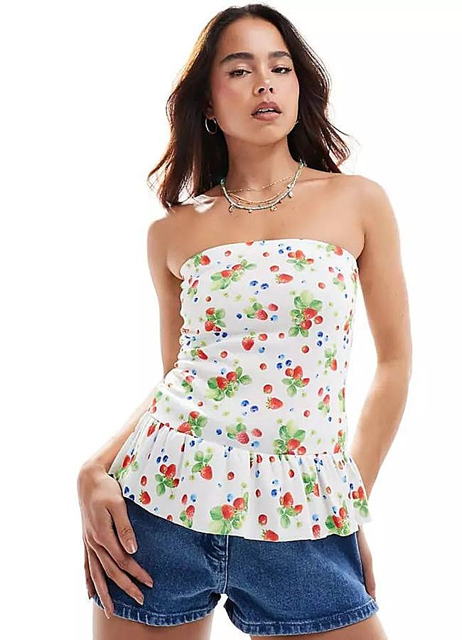 Imagen - Top palabra de honor con estampado de frutas veraniego