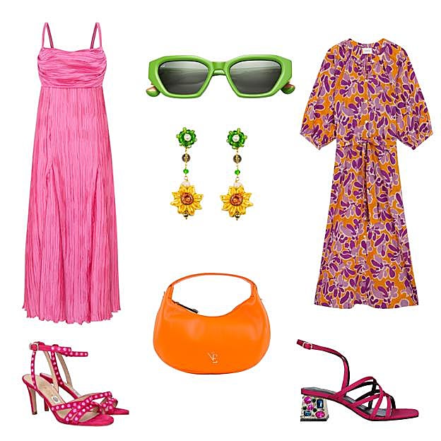 Vestido Carrie en gasa rosa drapeada, de MARTA MARTÍ (920 €). Gafas de sol con montura verde, de WOODYS (164 €). Vestido con manga abullonada y estampado, de BABBAKI (99 €). Sandalias Emma, en satén con tacón con cristales, de EXÉ, 89, 95 €. Bolso Alegría, en piel y con dos asas, de NAIARA ELGARRESTA (150 €). Sandalias Rutg, con cristales Swarovski, de MASCARÓ (369 €). Pendientes largos con girasoles de cerámica, de CASHFANA (85 €). 
