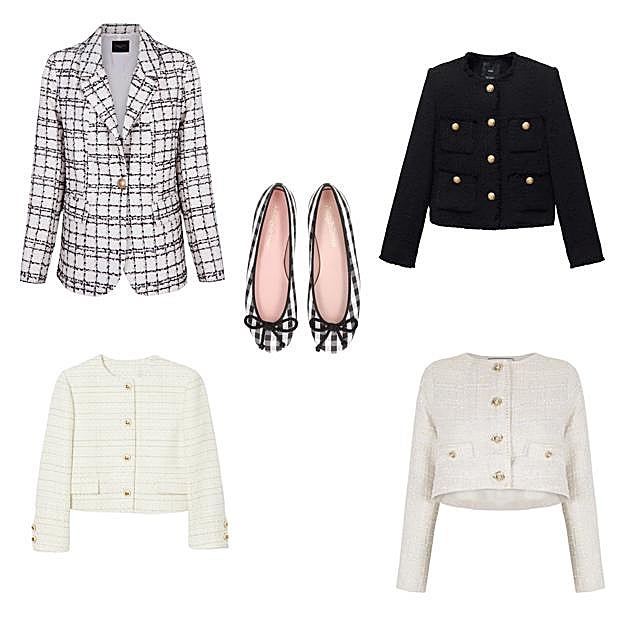 Blazer larga de tweed, a cuadros y con un botón, de CORTEFIEL (39, 99 €). Chaqueta negra corta, con cuatro bolsillos y botones dorados, de MANGO (59, 99 €). Chaqueta corta con botones dorados, de ARTÔLA COUTURE (570 €). Chaqueta corta con bolsillos de tapeta y sin cuello, de SANDRO (207 €). Bailarinas Rosario a cuadros vichy, de PRETTY BALLERINAS (149 €). 