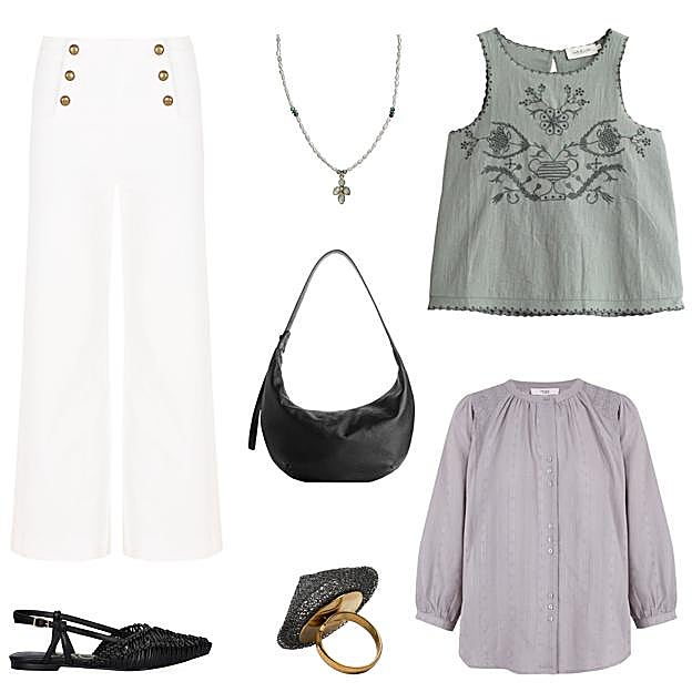 Pantalón denim ancho con botones dorados, de ALGO BONITO (49,99 €). Collar con perlas de río y jaspe, de SHIORI (70 €). Top bordado sin mangas, de INDI & COLD (99 €). Blusa Filomena, con frunces en el cuello, de HOSS INTROPIA (39 €). Anillo en malla, de RIVERA (60 €). Zapato destalonado, de EXÈ (79,95 €). Bolso en piel, de ARKET (159 €). 