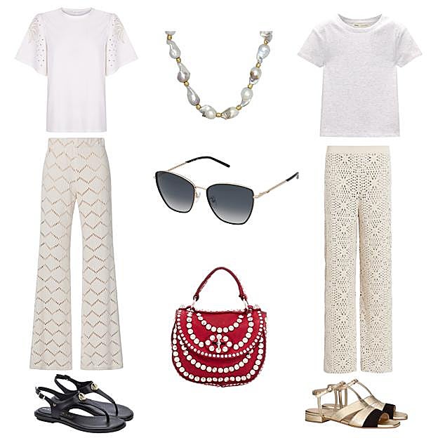 Camiseta con mangas caladas, de CORTEFIEL (19, 95 €). Collar de perlas, de CLEOPATRA'S BLING (412 €). Camiseta de algodón, de PULL & BEAR (6 €). Pantalón en crochet, de ALL SAINTS (187 € aprox.). Sandalias planas en piel dorada y negra, de MASCARÓ (160, 30 €). Bolso en piel Afrodita, con tachuelas, de CAMPOMAGGI (635 €). Sandalias planas tipo esclava, de Martinelli (89, 95 €). Pantalón calado, de Laura Bernal (279,30 € conjunto 3 piezas). Gafas de sol, con montura dorada, de TOUS (94, 30 €). 