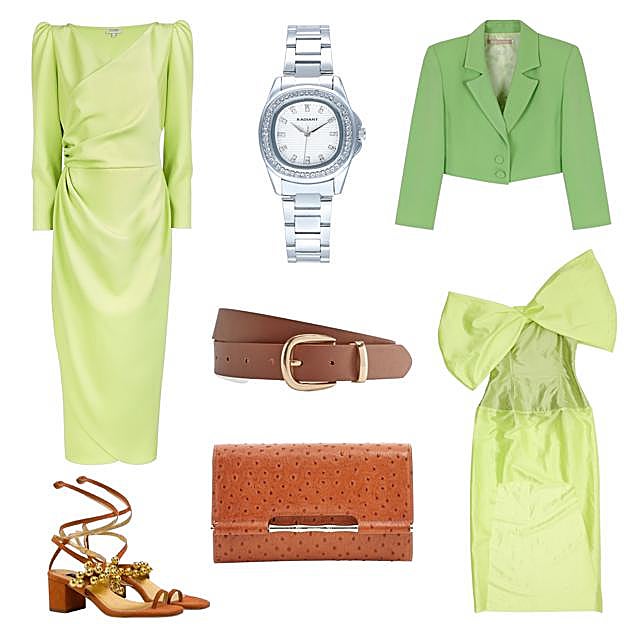 Vestido de invitada con manga larga, de COOSY (119 €). Reloj Scape, en acero con circonitas, de RADIANT (55, 90 €). Chaqueta sastre corta, de HORTENSIA MAESO (325 €). Vestido strapless, con maxilazo en el escote, de BIMBA Y LOLA (CPV). Bolso tipo cartera de mano en piel, de GUESS (280 €). Sandalias con tiras de piel y adornos dorados, de INÉS DOMECQ SHOES (CPV). Cinturón con hebilla dorada, de PRIMARK (3,50 €). 