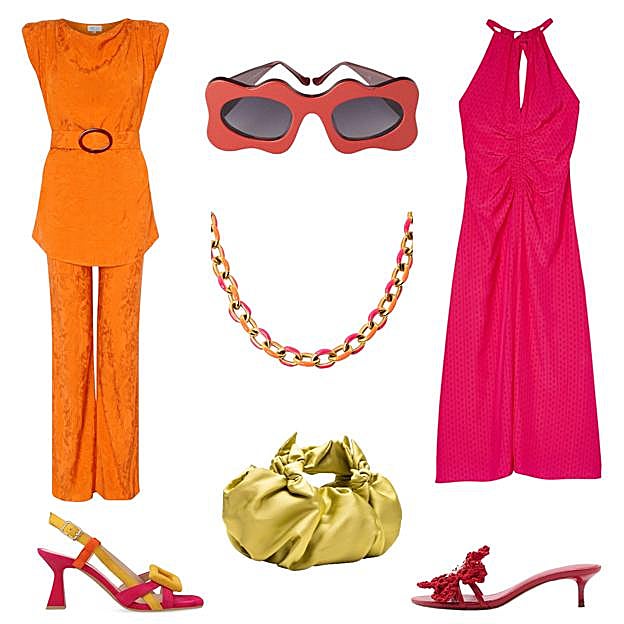 Top largo con cinturón (99 €) y pantalón (89 €) en raso, de MATTUI. Gafas de sol con silueta ondulada, de PARFOIS (39, 99 €). Vestido sin mangas, con cuello halter y detalle cut-out en el escote, de SANDRO (225 €). Sandalia con flor en el empeine, de SIEDRÉS x MANGO (59, 99 €). Bolso Bernatta en satén, de LAIA ALEN (210 €). Sandalia de colores, de LODI (159 €). Collar con eslabones de colores, de SINGULARU (29, 99 €). 