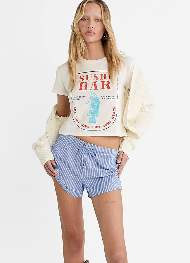 Imagen - Shorts con estampado de rayas en lino con cintura elástica