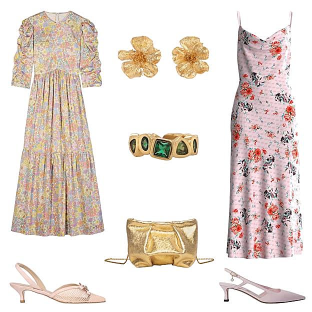 Vestido con estampado Liberty, de MARÍA DE LA ORDEN (295 €). Pendientes Geranio, en cobre bañado en oro, de CALA JEWELS (80 €). Vestido con tirantes finos, de GUESS (140 €). Zapato con tacón bajo y talón al aire, de MAJE (206, 50 €). Bolso en piel dorada, de MONA MOON (110 €). Zapatos Harriet, con rejilla y lazo, de MASCARÓ (269 €). Anillo Thalia, en oro con piedras naturales, de CLEOPATRA'S BLING (298, 95 €). 