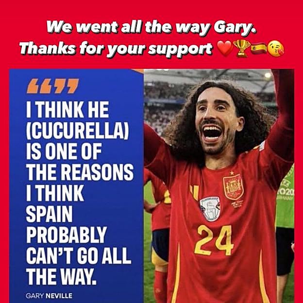 Cucurella responde a la crítica de Gary Neville en una historai de su Instagram. 