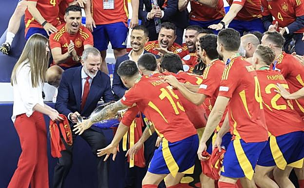 El momento en que el rey Felipe celebra con la selección el triunfo en la Eurocopa. 