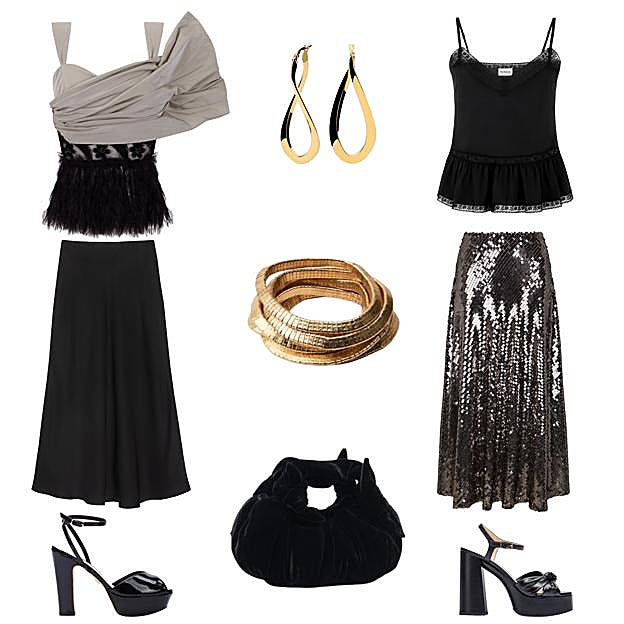 Top Siba, con escote asimétrico, de HORTENSIA MAESO (350 €). Pendientes en oro de 18 quilates, de JOSÉ LUIS JOYERÍAS (565 €). Top de tirantes, con detalles de encaje, de P.A.R.O.S.H. (205 €). Falda Dresna, con lentejuelas, de HORTENSIA MAESO (330 €). Sandalias con tacón alto y plataforma, de UNISA (115 €). Bolso Bernatta mini, reversible, de LAIA ALEN (desde 200 €). Sandalia en charol con plataforma, de MARTINELLI X REDONDO BRAND (140 €). Falda mini, de ROBERTO VERINO (C.P.V.). Set de pulseras elásticas doradas, de ZARA (16 €). 