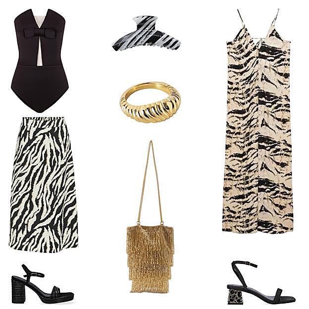 Bañador en neopreno, con escote strapless, de VICTORIA CIMADEVILLA (330 €). Pinza para el pelo, de YOU ARE MY PRINCESS (2, 50 €). Vestido ajustado y estampado, de MANGO (50 €). Sandalias con tacón-joya, de EXÈ SHOES (85 €). Bolso con flecos de abalorios, de PARFOIS (33 €). Sandalias brillantes, con tacón alto cuadrado, de BEFREE (C.P. V.). Falda con estampado animal, de OBJECT (28 €). Anillo Dunas, con baño de oro, de SINGULARU (25, 99 €). 