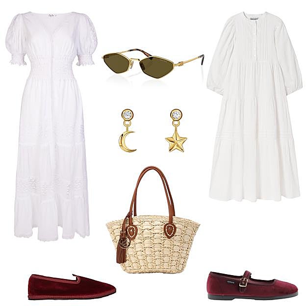 Vestido largo y con manga corta Clemence, de CHARO RUIZ (619 €). Gafas geométricas, con montura dorada, de MIU MIU (370 €). Vestido largo con mangas abullonadas, de SIMORRA (218 €). Bailarinas tipo merceditas en terciopelo, de VICTORIA (49, 90 €). Bolso tipo cesto, en rafia, de CARMELA ( 59, 95 €). Slippers tipo venecianas, en terciopelo burdeos, de CAYUMAS (94 €). Charms dorados con circonita, de THOMAS SABO (49 €). 