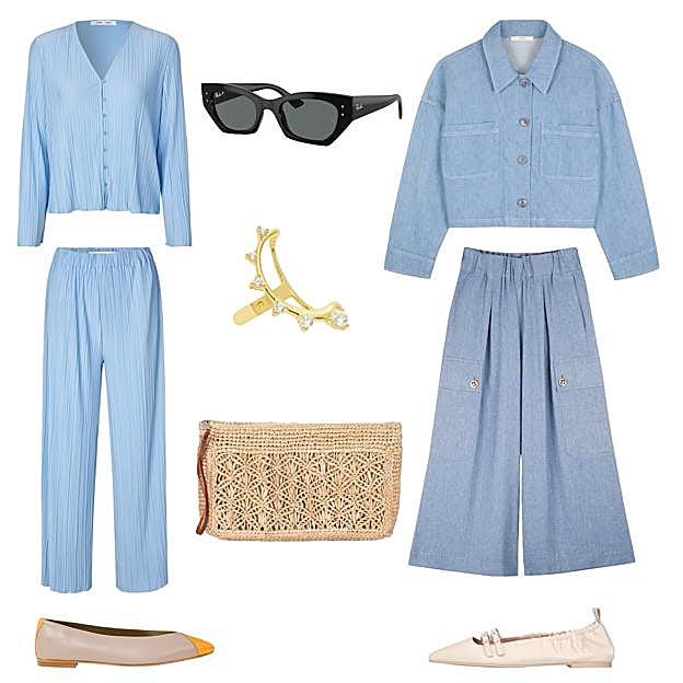 Blusa (60 €) y pantalón (72 €) en poliéster reciclado arrugado, de SAMS∅E SAMS∅E. Gafas de sol negras, de RAY-BAN (C.P.V). Chaqueta tipo cazadora (175 €) y pantalón ancho (175 €), en algodón y lino, de SÈSSUN. Bailarinas Ella, en piel con elástico, de PRETTY BALLERINAS (249 €). Bailarinas en piel bicolor, de GANZITOS ( 84 €). Bolso tipo clutch Bellagio, en rafia, de RIVERA (48 €). Pendiente tipo earcuff, en plata dorada con circonitas, de MARINA GARCÍA (85 €). 