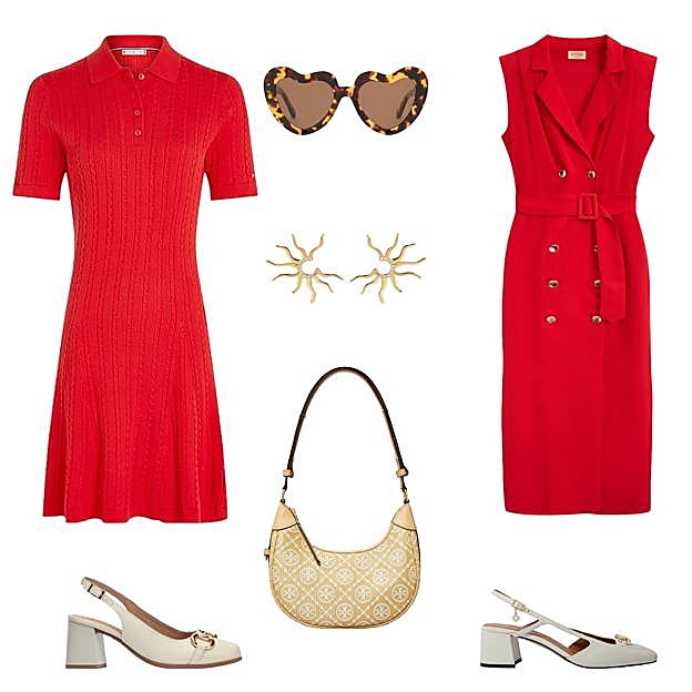 Vestido tipo polo, de punto, de TOMMY HILFIGER (199 €). Gafas de sol con forma de corazón, de JIMMY FAIRLY (135 €). Vestido Pelham, sin mangas y con cinturón, de BIMANI (175 €). Zapato destalonado con hebilla, de MAJE (177 €). Bolso en rafia y piel, con logo monogram, de TORY BURCH (615 €). Zapatos destalonados con hebilla, de PITILLOS (59, 96 €). Pendientes Sole Mio, con baño de oro y circonitas, de SINGULARU (32, 99 €). 