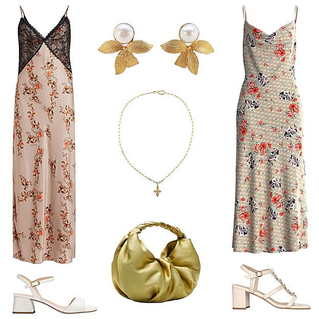 Vestido estampado, con escote de encaje, de ALLSAINTS (C.P.V.). Pendientes dorados, con perlas, de ACUS (38 €). Vestido estampado, con tirantes finos, de GUESS (140 €). Sandalia Annie, con detalle de cadena, de MASCARÓ (229 €). Bolso satinado Erni, de LAIA ALEN (230 €). Sandalia de tacón cuadrado, de UNISA (100 €). Collar con colgante, en plata chapada en oro, de CLEOPATRA'S BLING (172 €). 