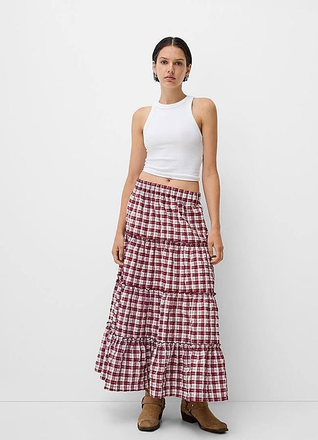 Imagen - Falda larga con estampado de vichy rojo