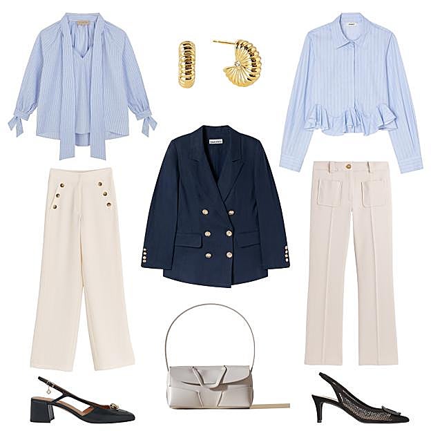 Blusa Bruna, en algodón y lino a rayas, de CULTO1150 (149 €). Pendientes Port, con baño de oro, de SINGULARU (29, 99 €). Camisa con volante en el bajo, de SANDRO (195 €). Pantalón con bolsillos frontales, de LA REDOUTE COLLECTIONS (32, 49 €). Zapato Phoebe en rejilla, de MASCARÓ (134, 50 €). Bolso bandolera en piel, de HEREU (109, 55 €). Zapato destalonado, con tacón cuadrado, de MAJE (177 €). Pantalón con botones frontales, de INDI & COLD (C.P.V.). Blazer de lino cruzada, de SIMORRA (178 €). 