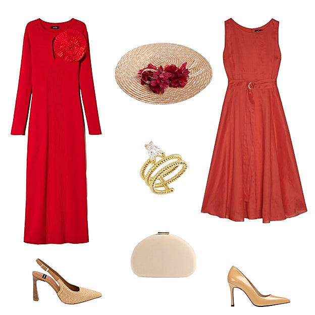 Vestido con manga larga y flor, de ACTITUDE (193 €). Pamela en paja natural, de FLORMODA (25, 60 €). Vestido evasé, con cinturón, de ROBERTO VERINO (147 €). Zapato tipo salón en piel nude, de UNISA (125 €). Bolso de mano tipo clutch, de PARFOIS (21 €). Zapato en rafia, destalonado y con tacón fino y de madera, de ÁNGEL ALARCÓN (65 €). Anillo en oro con diamante, de MYSTERY JOY (C.P.V.). 