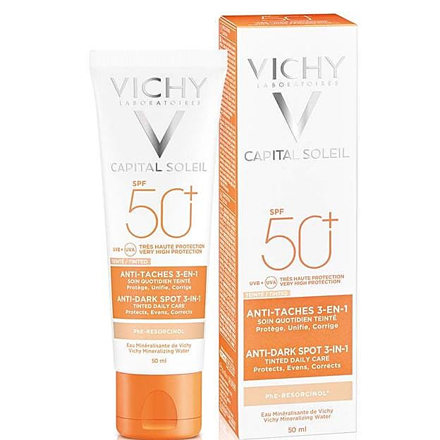 Vichy Ideal Soleil Antimanchas 3 en 1 SPF 50+.