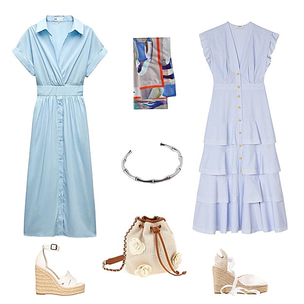 Vestido tipo camisero fluido, de ZARA (40 €). Pañuelo estampado, de PARFOIS (20 €). Vestido camisero con volantes y manga corta, de SANDRO (295 €). Alpargatas con cintas, de MACARENA SHOES (80 €). Bolso tipo saco, en lona con flores 3D, de RUE MADAM PARIS (89 €). Alpargata en piel con maxicuña, de STEVE MADDEN (69 €). Pulsera Sugarcane, en acero plateado, de SINGULARU (32, 99 €).