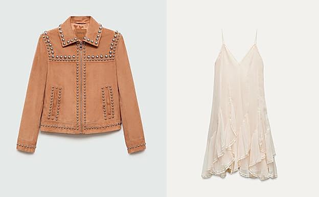 Cazadora de ante con tachuelas, de Mango; y vestido boho de Zara.