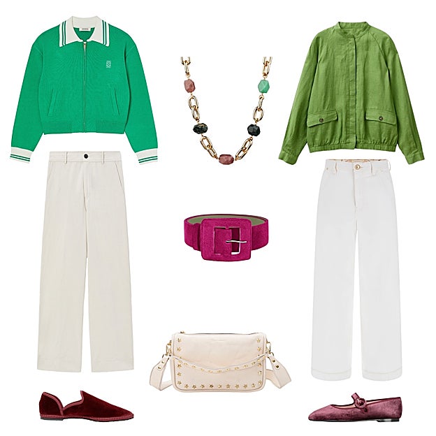 Chaqueta tipo beisbolera bicolor, de Sandro (225 €). Collar con piedras naturales, de VIDAL Y VIDAL (120 €). Chaqueta ligera tipo bomber, de BENETTON (50 €). Pantalón blanco ancho, de GUESS (120 €). Bailarina en terciopelo, tipo Mary Jane, de PRETTY BALLERINAS (189 €). Bolso Sandy, en piel con tachuelas en forma de estrellas, de MERCULES (225 €). Friulane en terciopelo, de CAYUMAS (120 €). Pantalón recto ancho, de POMANDÈRE (273 €). Cinturón fucsia, de WOLF & BADGER (110 €).