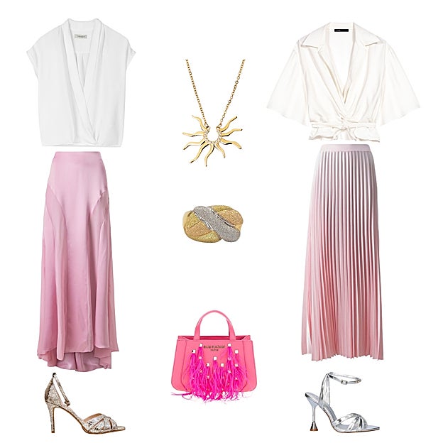Blusa sin mangas y con escote cruzado, de TRUCCO (50 €). Collar con colgante Sole Mio, con baño de oro, de SINGULARU (40 €). Blusa tipo kimono, atada a la cintura, con manga corta, de MAJE (124 €). Falda plisada, de VILA PARA ZALANDO (55 €). Sandalia plateada con tacón de carrete, de EXÈ SHOES (70 €). Bolso pequeño con plumas, de RUE MADAM PARIS (99 €). Sandalia con tacón fino, de GANZITOS (C.P.V.). Falda larga en gasa, con bajo asimétrico, de PINKO (295 €). Anillo en oro amarillo, blanco y rosa, de JOYAS ANTIGUAS SARDINERO (690 €).