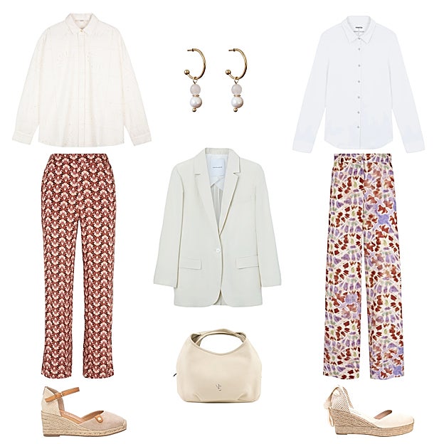 Blusa con detalles calados, de SESSÙN (97, 50 €). Pendientes con perlas, de SHIORI (30 €). Pantalón ancho y estampado, de SLOWLOVE (30 €). Alpargatas en lona, con cintas, de SILVIA LAGO (150 €). Bolso de piel, de NAIARA ELGARRESTA (250 €). Alpargata con tira en el empeine, de CARMELA (70 €). Pantalón estampado, de VERO MODA PARA ZALANDO (22 €). Blazer clásica, de POMANDÈRE (532 €).