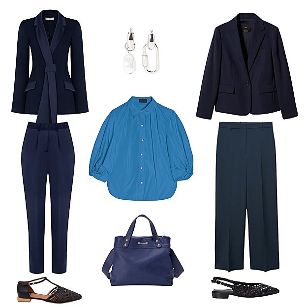 Traje azul, con blazer con maxicuello tipo esmoquin y pantalón de tiro alto, de RINASCIMENTO (C.P.V.). Pendientes plateados con perla sintética, de PARFOIS (8 €). Blazer clásica, de MANGO (32 €). Pantalón recto, de MANGO (10 €). Zapato destalonado y calado, de CARMELA (90 €). Bolso Diábolo, en piel, de MERCULES (245 €). Zapato plano Napupl, en rafia, de ÁNGEL ALARCÓN (78 €). Blusón en tafeta, de ROBERTO VERINO (110 €).