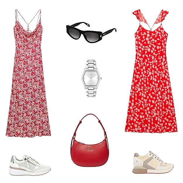 Vestido de tirantes, de ZARA (30 €). Gafas de sol, de JUST CAVALLI (179 €). Vestido con tirantes cruzados a la espalda, de MANGO (20 €). Zapatilla deportiva, de GIOSEPPO (70 €). Bolso en piel lisa, de PINKO (295 €). Zapatilla deportiva, de CARMELA (90 €). Reloj Karat, en acero plateado, de TOUS (199 €).