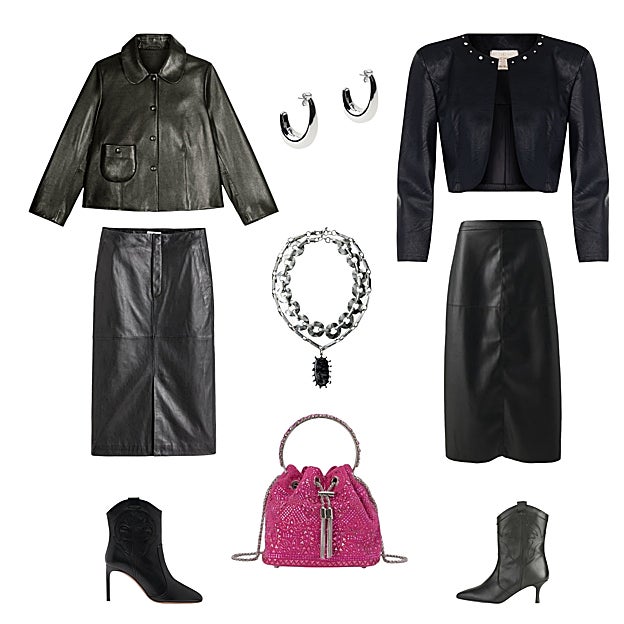 Chaqueta de piel, con cuello redondo, de BA&SH (395 €). Pendientes de aro plateados, de ZARA (13 €). Chaqueta efecto cuero, de RINASCIMENTO (C.P.V.). Falda lápiz en piel sintética, de ONLY PARA ZALANDO (36 €). Botín cowboy con tacón de aguja, de DANSI PARA ZALANDO (103 €). Bolso con cristales, de ALMA EN PENA (180 €). Botín Caitlin estilo cowboy, con tacón de aguja, de BA&SH (395 €). Falda en piel, de LA REDOUTE COLLECTIONS (86 €). Set de dos collares, de ZARA (23 €).