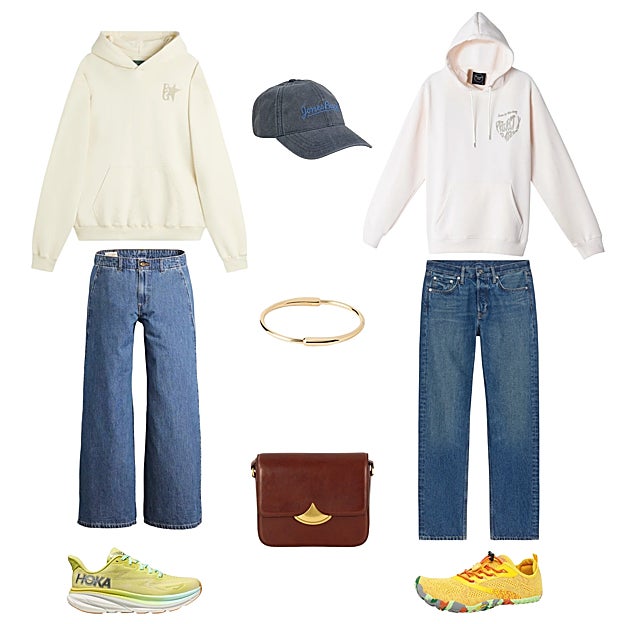 Sudadera con capucha, de FAKE GODS (75 €). Gorra tipo baseball, de GANT (50 €). Sudadera con capucha y print, de PROJECT X PARIS (50 €). Pantalón vaquero recto, de ARKET (89 €). Zapatillas barefoot, de SAGUARO (46 €). Bolso de piel, de SESSÙN (365 €). Zapatillas con extra de amortiguación, de HOKA (150 €). Pantalón vaquero recto, de LEVI'S (110 €). Pulsera en latón con baño de oro, de PDPAOLA (79 €).