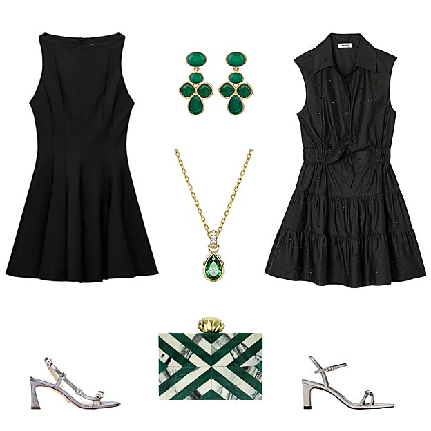 Vestido tipo cóctel, sin mangas, de ZARA (36 €). Pendientes dorados con piedras verdes, de NUNU BCN (125 €). Vestido tipo camisero, de SANDRO (192, 5 €). Sandalia en piel plateada, de MASSIMO DUTTI (90 €). Bolso de mano rígido, de ACUS (65 €). Sandalia Zafiro, en piel plateada con detalles joya, de MARTINELLI X REDONDO BRAND (270 €). Collar con colgante de cristal verde, de SWAROVSKI (69 €).