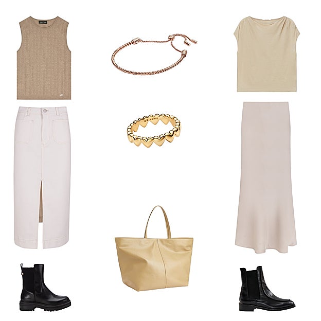 Top sin mangas de punto, de ROBERTO VERINO (110 €). Pulsera con recubrimiento de oro rosa, de PANDORA (169 €). Top con frunces en los hombros, de POMANDÈRE (186 €). Falda satinada con largo midi, de VILA PARA ZALANDO (38 €). Botín en piel, de MINT & ROSE (199 €). Bolso en piel tipo tote, de ARKET (299 €). Botín tipo biker con elástico lateral, de CARMELA (100 €). Falda vaquera con abertura frontal, de PEDRO DEL HIERRO (49 €). Anillo con recubrimiento de oro de 14 quilates, de PANDORA (59 €).