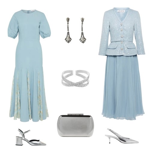 Galería. Vestido de invitada con pliegues en la falda, de NEVER FULLY DRESSED PARA ZALANDO (113 €). Pendientes en plata antigua con marcasitas y perla, de SUPERTOCADAS (94 €). Vestido con efecto chaqueta de tweed y falda, de SELF-PORTAIT (385 €). Zapato tipo Mary-Jane con tacón bajo, de MANGO (36 €). Bolso tipo clutch plateado, de PARFOIS (24 €). Zapato plateado con tacón cuadrado, de MUSTANG (60 €). Pulsera doble acabada en rodio y con circonitas, de LUXENTER (60 €). MUJERHOY.