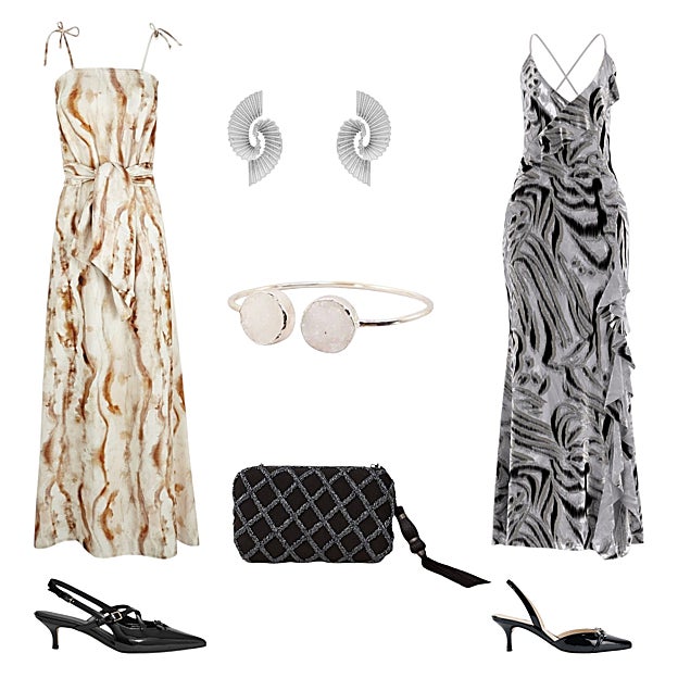 Vestido Duna, con lazada, de NICE HANDS (139 €). Pendientes Colca, en latón con baño de plata, de ACUS (38 €). Vestido largo con tirantes, de GUESS (180 €). Zapato destalonado, con tacón kitten, de JUST-ENE (295 €). Bolso de mano bordado, de LATIDO (70 €). Zapato destalonado con hebillas, de & OTHER STORIES (149 €). Pulsera en latón, de ACUS (49 €).