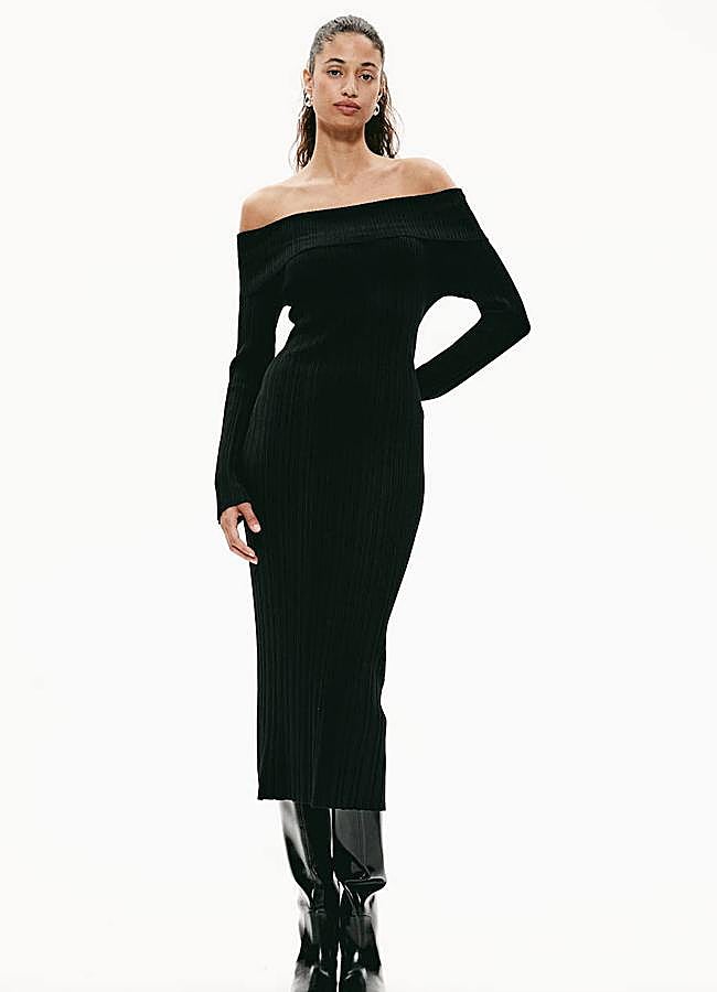 Imagen - Vestido off shoulder negro entallado a la cintura