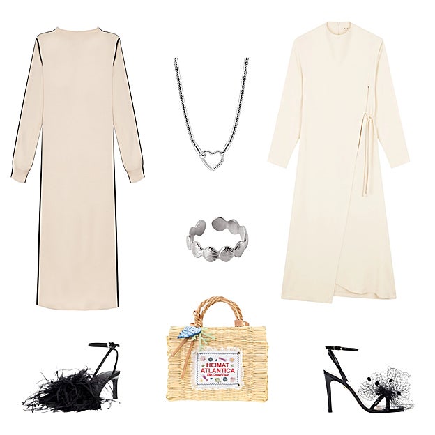 Vestido Leda, en algodón orgánico, de SKFK (130 €). Collar en plata con colgante de corazón, de PANDORA (129 €). Vestido anudado al lateral, de MAKSU (252 €). Sandalias con detalle de tul, de MARTINELLI X REDONDO BRAND (126 €). Bolso de mimbre, de HEIMAT ATLÁNTICA (245 €). Zapato destalonado, con detalle de plumas en la puntera, de BERSHKA (C.P.V.). Anillo Mermaid, en acero plateado, de SINGULARU (16 €).