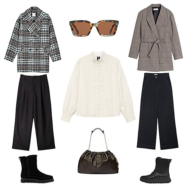 Abrigo a cuadros, de LILI SIDONIO (145 €). Gafas de sol con montura estampada, de FOCO PROJECT (50 €). Chaqueta con print de pata de gallo, de INDI & COLD (165 €). Pantalón ancho, de SÉSSUN (C.P. V.). Botas co cordones, de FITFLOP (200 €). Bols June de piel, de BA&SH ( 450 €). Botas con forro de pelo, de TOMS (150 €). Pantalón sastre ancho, de BERSHKA (36 €). Blusa, de VERO MODA (50 €).