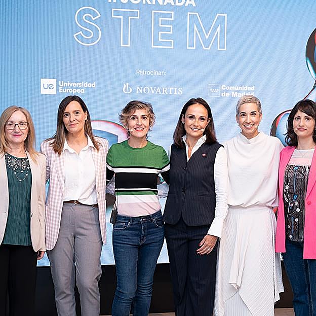 Foto de familia de las científicas participantes en la II Jornada STEM Mujerhoy. De izquierda a derecha, Ester Lázaro, Sara Torre, Belén Bernardos, Ana Fernández Aberturas, Irene León y Emanuela Spagnolo.