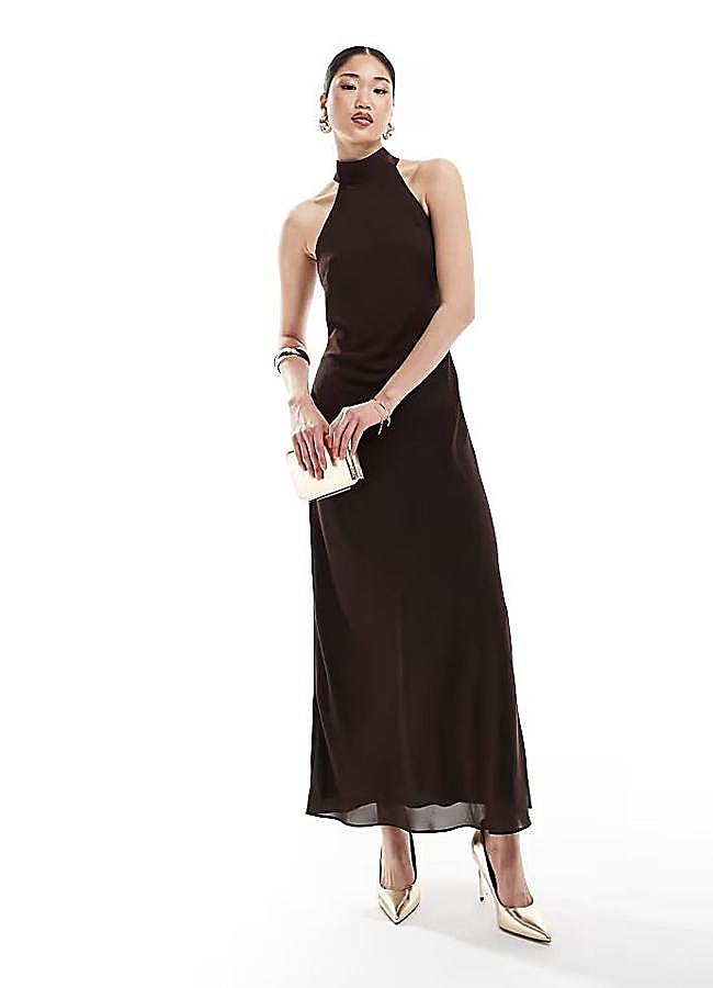 Imagen - Vestido marrón chocolate largo con cuello halter