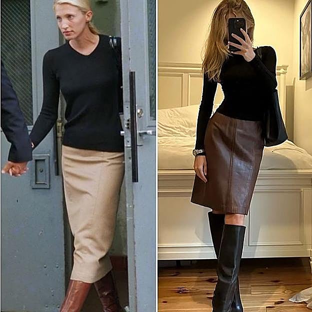 Influencer copia el look noventero de Carolyn Bessette Kennedy con falda lápiz, botas de tacón y jersey