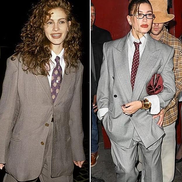 Hailey Bieber copia el look noventero de Julia ROberts con traje gris masculino