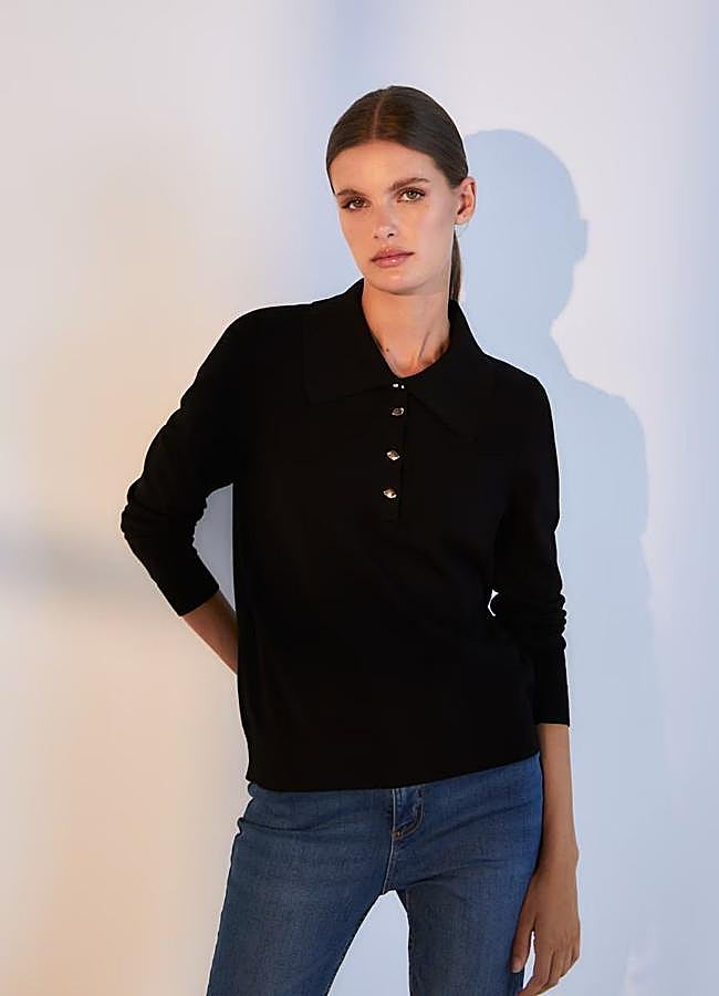 Imagen - Jersey polo negro en punto fantasía