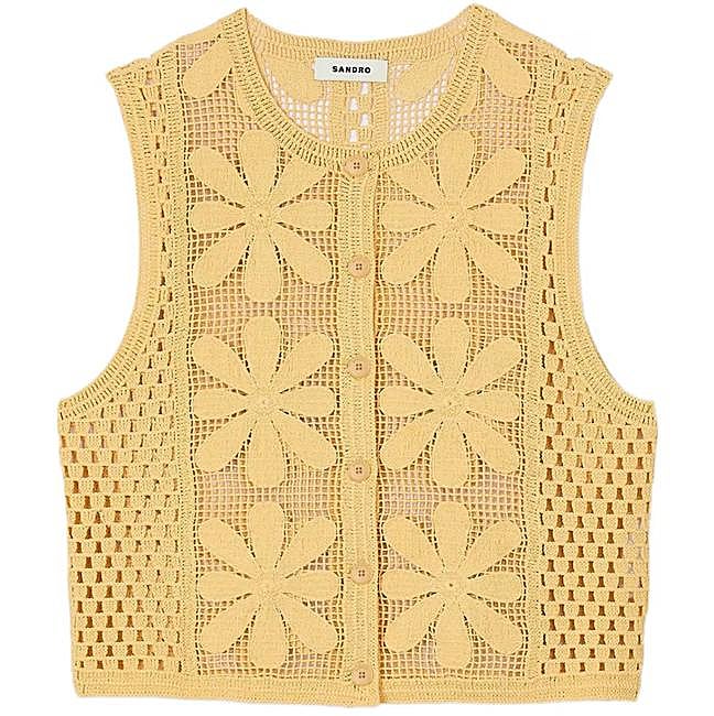Chaleco de ganchillo amarillo de Sandro, 195 euros.