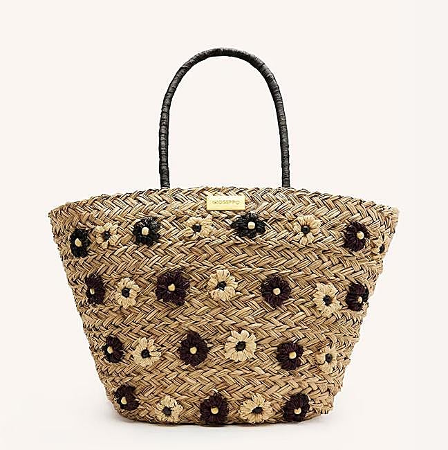 Capazo de rafia con flores bicolor