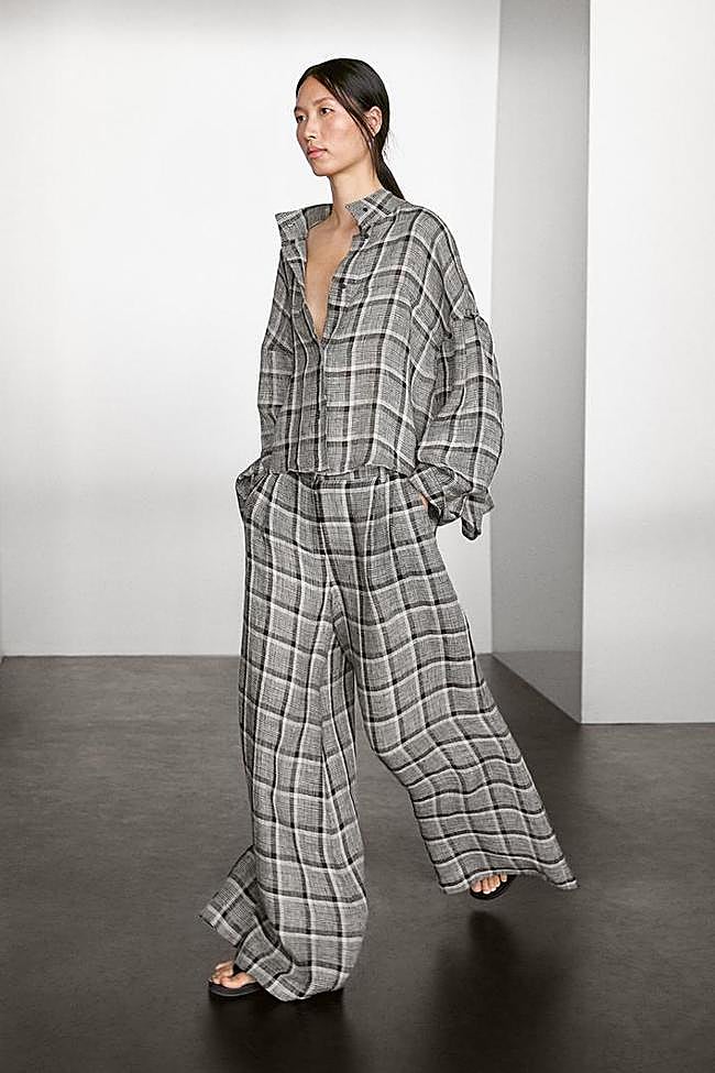 Pantalón palazzo cuadros 100% lino (79,95€)